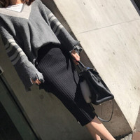 凡淑 秋季新品针织半身裙中长款毛线裙包臀裙开叉高腰显瘦一步裙 LLJX1005FS 黑色 均码1