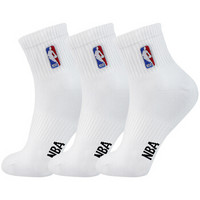 NBA袜子男士休闲运动篮球棉袜男袜 精梳棉绣花训练袜3双装 吸湿吸汗橡筋防滑 白色 均码