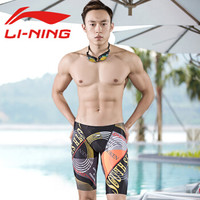 李宁 LI-NING泳裤男士专业及膝温泉泳衣五分游泳裤LSLN611-1黑色数码印 2XL