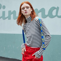 PASS潮牌2019春装高领露肩套头针织衫女修身条纹毛衣打底衫潮 深灰白条 S