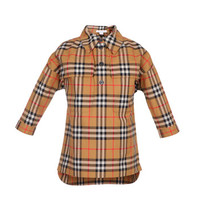 BURBERRY 博柏利 奢侈品童装女童驼色棉质格纹七分袖衬衫式连衣裙 80024711