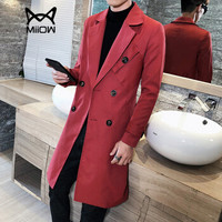 猫人（MiiOW）风衣 男士休闲时尚翻领纯色中长款大衣外套305A-F802酒红色XL