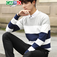 卡帝乐鳄鱼 (CARTELO) 针织衫男士2018秋季新款时尚韩版条纹圆领毛衣 17017KE2201 深蓝 XL