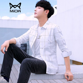猫人（MiiOW）衬衫 男士休闲时尚潮流百搭青年格子长袖衬衫C212-608白色M