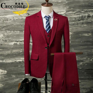 鳄鱼恤（CROCODILE）西服套装 2018秋冬新款西装三件套纯色新郎伴郎服西装礼服 A348-TZ207 红色 XL