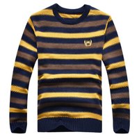 吉普盾 针织衫男士圆领条纹毛衣男装商务休闲针织衫 D9306 宝蓝 S