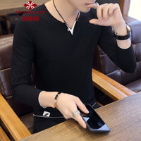 俞兆林（YUZHAOLIN）长袖T恤 男士时尚V领纯色长袖T恤D305-1-9833黑色2XL