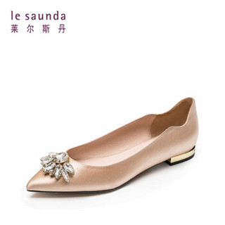 le saunda 莱尔斯丹 单鞋女 时尚优雅尖头套脚水钻搭扣粗跟低跟 LS 9T10328 米色 34