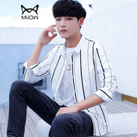 猫人（MiiOW）衬衫 男士休闲时尚潮流条纹百搭青年长袖衬衫C212-607白色2XL