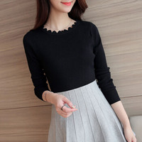 朗悦女装 针织衫女套头短款圆领修身长袖打底衫毛衣LWYC178720花边领黑色均码