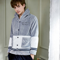 HEISION 海之宁 睡衣男士珊瑚绒情侣秋冬季加绒加厚款法兰绒家居服男式连帽开衫长袖长裤保暖居家服套装 口袋男款2XL