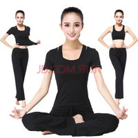 潮流假期 瑜伽服女套装莫代尔专业三件套短袖健身舞蹈服 UJ20165-纯黑色-短袖三件套-XXL
