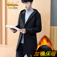 金盾(KIN DON)风衣 2019新款男士时尚中长款纯色连帽风衣401-F533黑色加棉L