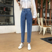 米兰茵（MILANYIN）女装 2019新款韩版宽松bf显瘦百搭扣在直筒牛仔裤 MLYH298 蓝色 XL