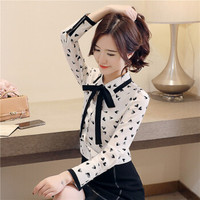 曼如芬 春秋新款 时尚系带雪纺衬衫女蝴蝶结碎花衬衣长袖上衣 HXEF9345 白色 M
