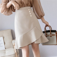 HMDIME 新款 韩版修身显瘦不规则荷叶边半身裙女夏A字裙 XXYF5805 杏色 L