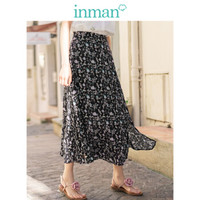 INMAN 茵曼 夏装新款高腰文艺小清新碎花开叉裙摆显瘦A字半身长裙女 18921|10394 黑色 S