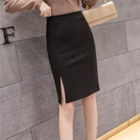 HMDIME 前开叉高腰半身裙女一步裙2019春夏新款 时尚休闲中长款职业包臀裙 GGSS5602 黑色 M