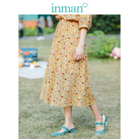 茵曼（INMAN）2019夏装新款高腰显瘦文艺碎花复古田园风中长款A字半身裙女 18921|10350 黄色 XL