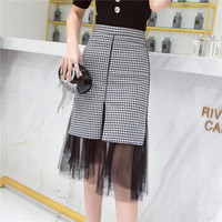 HMDIME 高腰chic时尚半身裙女春季新品 韩版优雅气质松紧腰弹力开叉网纱拼接包臀裙 GGSS1820 格子 S
