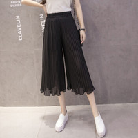丽乔 2019春夏新款女装新品半身裙女雪纺裤木耳荷叶边休闲九分百褶直筒阔腿裤松紧腰 cchYSYS1079 黑色 S