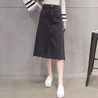 凡淑 秋季新品韩版女装高腰个性口袋开叉修身牛仔a字裙中长裙半身裙 zx5365-5097FS 黑色 M