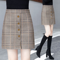 AUDDE 翱笛 冬季新款女装新品半身裙女格子妮子半身裙纽扣时尚大码显瘦包臀一步裙 HZD09-8706 卡其色 M