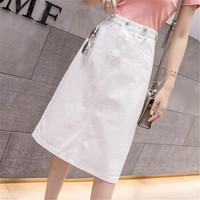 HMDIME 中长款牛仔半身裙夏装新品 chic时尚高腰显瘦开叉包臀一步裙 MMFS7678 白色 S