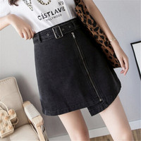 HMDIME 牛仔半身裙女夏装新款 chic高腰不规则拉链港风复古a字裙防走光短裙 MMFS7685 黑色 S