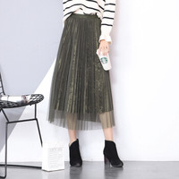 BANDALY 蹦跶狸 春夏季新款女装新品半身裙女ins超火网纱金丝绒百褶中长款蕾丝裙 GZWH8624 军绿色 均码