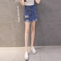 JIANZHI 简芷 春夏新款A字裙百搭短裙刺绣桃花毛边牛仔半身裙包臀裙 DYFSCZG2UL732 深蓝色 XL