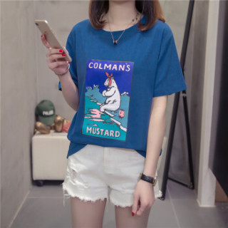萱旎(XuanNi)大码短袖T恤女2019春夏新品 韩版胖妹妹ins原宿BF风宽松百搭上衣潮 MDFS9109 蓝色 XL