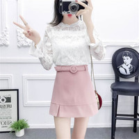 HMDIME 学院风休闲套装年春新款 韩版气质喇叭袖蕾丝上衣A字裙裤送腰带 MSFS7368 白衣+粉裙 S