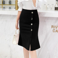 Sum Rayleigh 新薇丽 一排扣包臀裙 春季新款韩版修身高腰开叉中长款半身裙 GGSS1811 黑色 XL