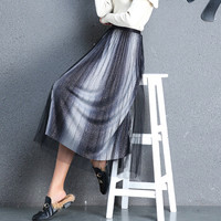她池春夏女2019新款时髦中长款渐变色百褶复古大摆半身裙  T91Z0292A2348S   渐变灰 S