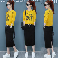 AUDDE 2019春季新款女装新品半身裙女时尚休闲套装裙子韩版套头卫衣洋气两件套 HZ2888-9007TZ 黄色 M