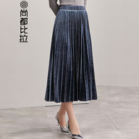 尚都比拉（Sentubila）纯色丝绒百褶半身裙松紧腰女士简约复古2018春季新品 W83Q1621744 黛蓝色 XXL