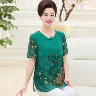 仙丫 2019夏季新品中老年女装短袖T恤印花修身假两件气质上衣 KKJS8059 绿色 XL