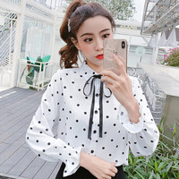 朗悦女装  2019春季新款长袖衬衫女学生韩版波点蝴蝶结衬衣雪纺衫LWCC191230 白色 S
