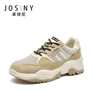 Josiny 卓诗尼 女时尚中跟圆头深口运动系带反绒增高网面跑鞋J192D921J181 驼色 37