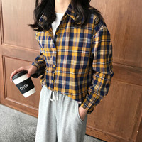 朗悦女装 2019春季新款c长袖衬衫女学生韩版宽松复古格子衬衣 LWCC191190 黄色 XL