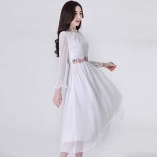 丝柏舍年春季新款时尚韩版立领绣花收腰气质优雅中长款连衣裙 S81R0733LA7XL 白色 XL