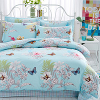 雅鹿 全棉四件套 床单式斜纹印花套件简约纯棉双人床单被套床上用品 甜蜜花丛-蓝 标准号（被套200*230cm）