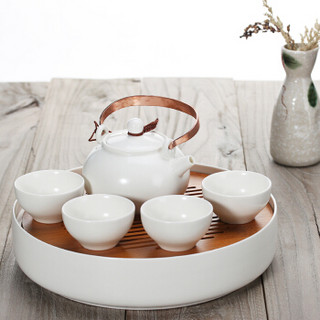 洁雅杰旅行茶具套装6件套(1壶4杯1茶盘)陶瓷整套茶具套装提梁便携茶具套装 白色圆壶