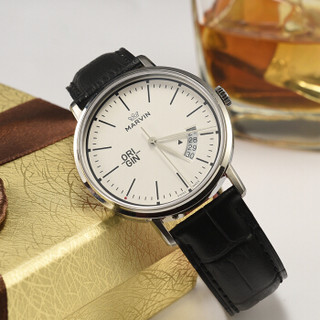 MARVIN 摩纹 瑞士原装进口手表原点系列白盘黑色皮带日历窗显示魅力男士石英手表M025.13.21.74