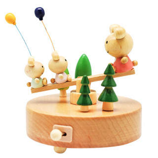 忆音园 创意礼品 玩具八音盒 榉木原木纯手工音乐盒 小熊跷跷板 天空之城