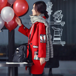 朗悦女装韩版印花贴布图案中长款毛呢外套翻领中长款斗篷呢子大衣LWDY16T304 红色 S