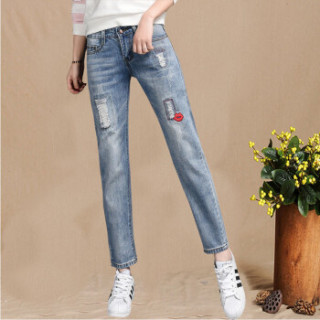 商品joy of joy 京东女装2019春季韩版破洞牛仔裤女韩版弹力刺绣九分