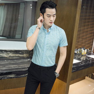 鳄鱼恤（CROCODILE）衬衫 男士韩版修身大码短袖衬衣 D27 湖蓝 L/39