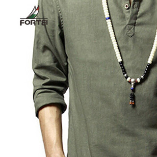 富铤（FORTEI）亚麻衬衫男士长袖商务休闲纯色衬衣 xiaqing 军绿 XXXL